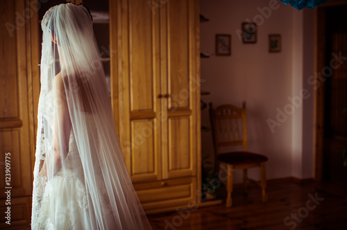 Bride hidden under the veil stands in a wooden room