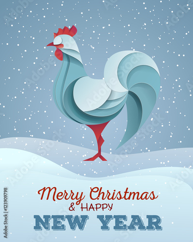 3D Origami Silhouette of cock or chicken. Happy New Year card 2017