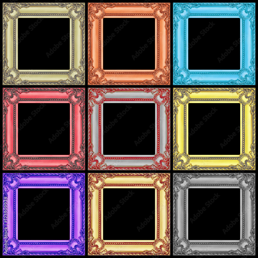 set of colorful wooden frames isolated on black