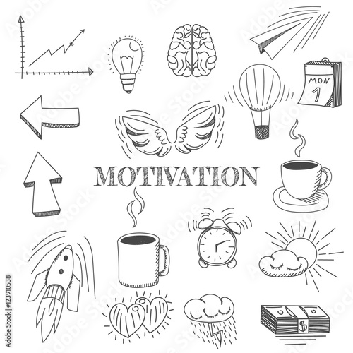 Hand drawn vector illustration set of motivation and buisness sign and symbol doodles elements.