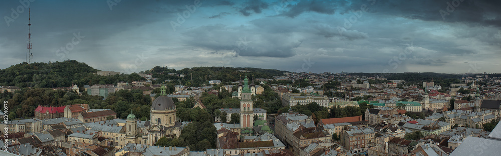 panorama landscape cityscape of old European town from the mountain birds view red roofs Lviv, Ukraine