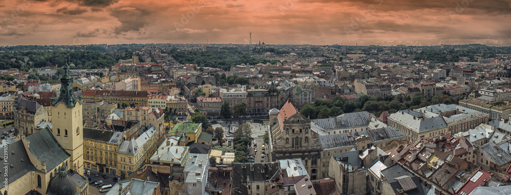 panorama landscape cityscape of old European town from the mountain birds view red roofs Lviv, Ukraine