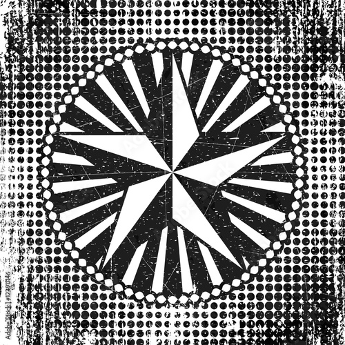 Halftone style dots background with circle frame, rays and star, black and white illustration.