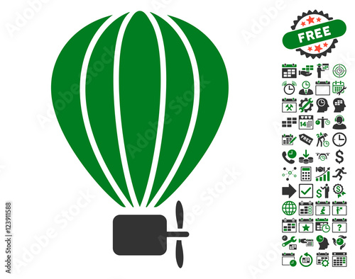 Aerostat Balloon pictograph with bonus calendar and time service pictograms. Vector illustration style is flat iconic symbols, green and gray colors, white background.