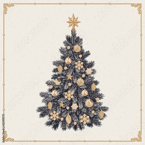 Christmas tree, detailed vintage vector illustration