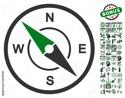 Compass pictograph with bonus calendar and time management design elements. Vector illustration style is flat iconic symbols, green and gray colors, white background.