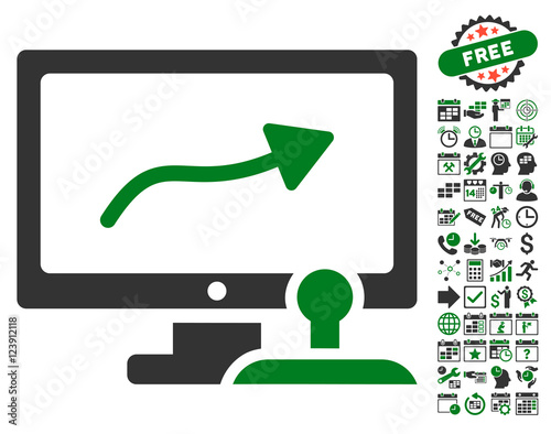 Path Control Monitor icon with bonus calendar and time service design elements. Vector illustration style is flat iconic symbols, green and gray colors, white background.