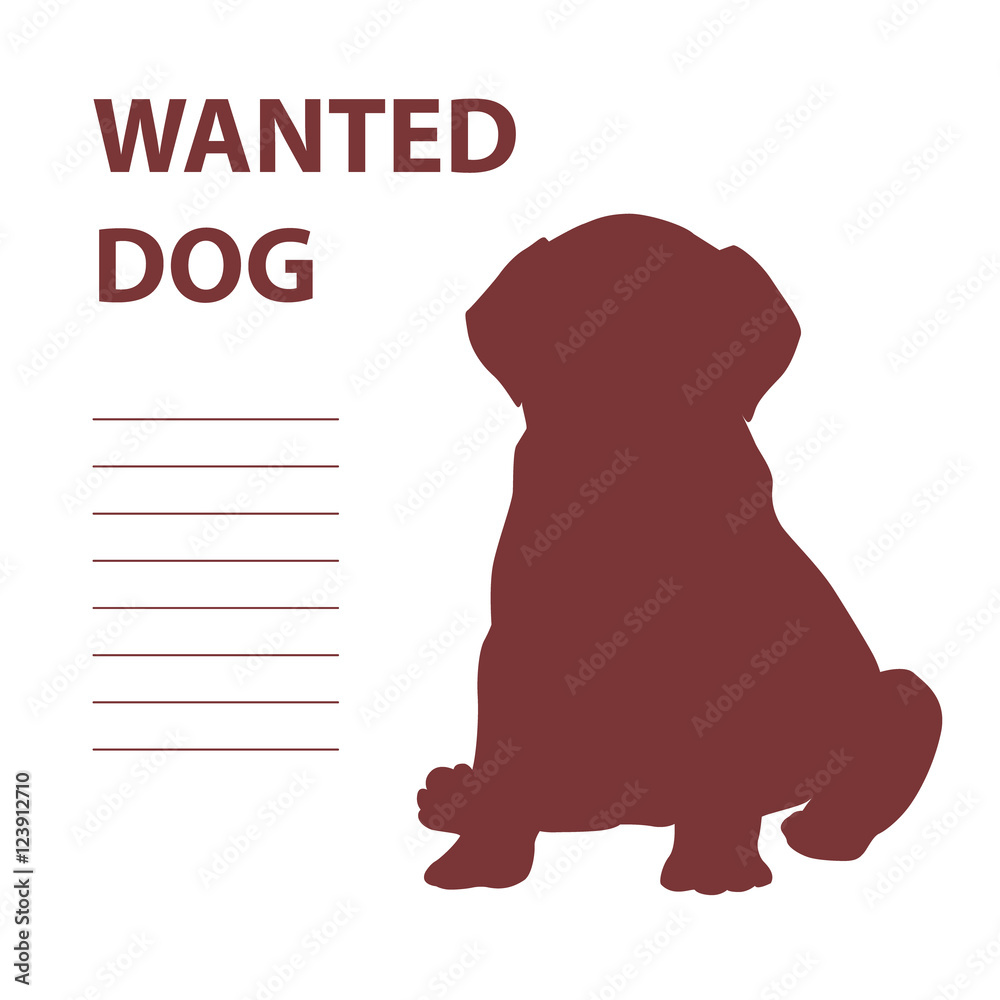 Obraz premium Puppy silhouette with words Wanted Dog. Vector illustration.