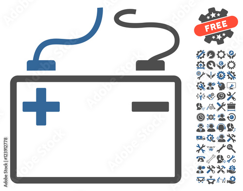 Accumulator pictograph with bonus tools clip art. Vector illustration style is flat iconic symbols, cobalt and gray colors, white background.