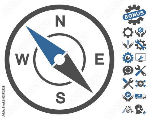 Compass pictograph with bonus options clip art. Vector illustration style is flat iconic symbols, cobalt and gray colors, white background.