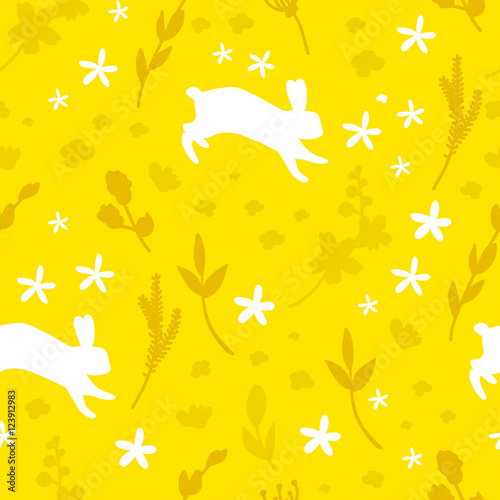 Seamless newborn pattern with flowers and rabbit. Vector summer background