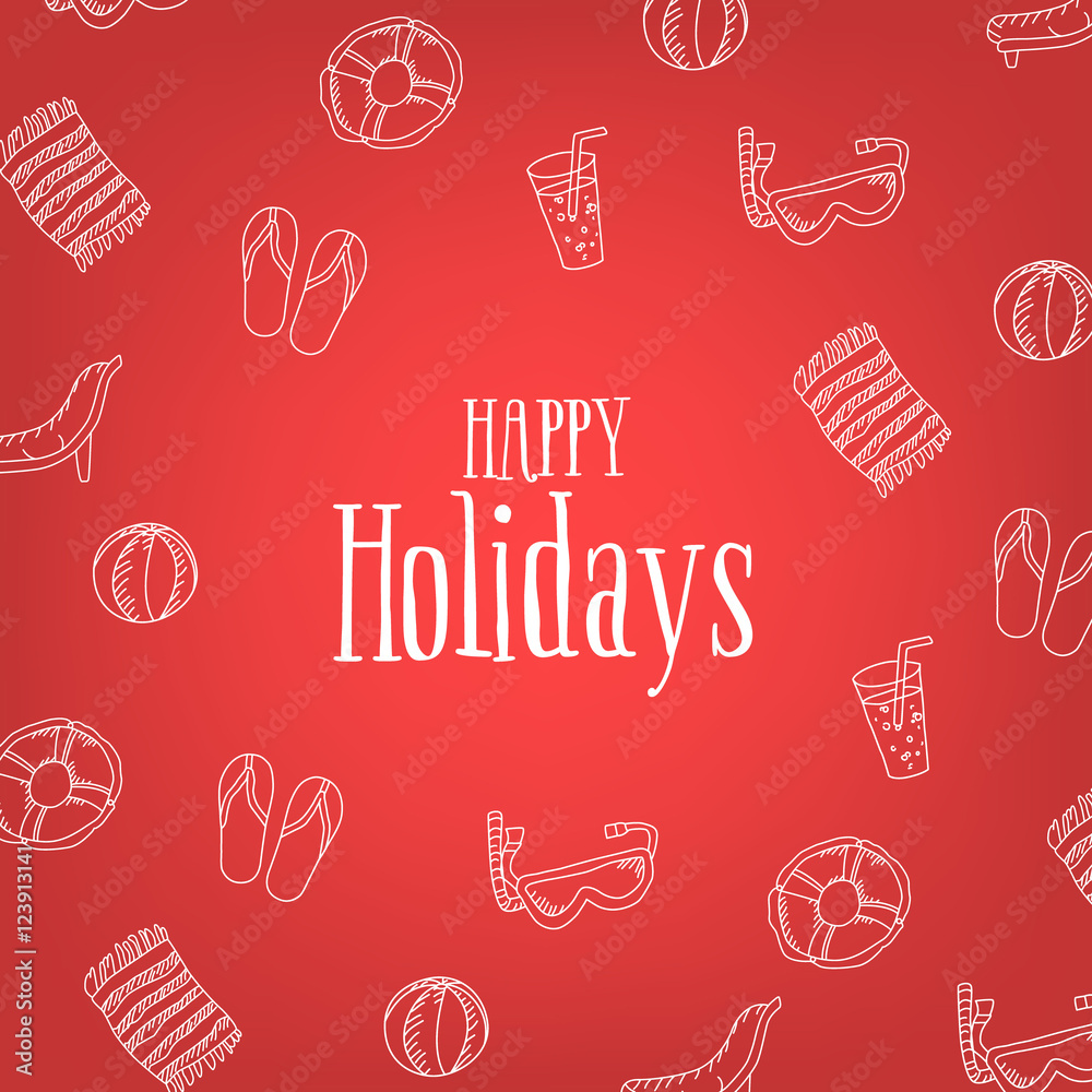 Naklejka premium Happy Holidays Card with summer linear icons. Vector illustration