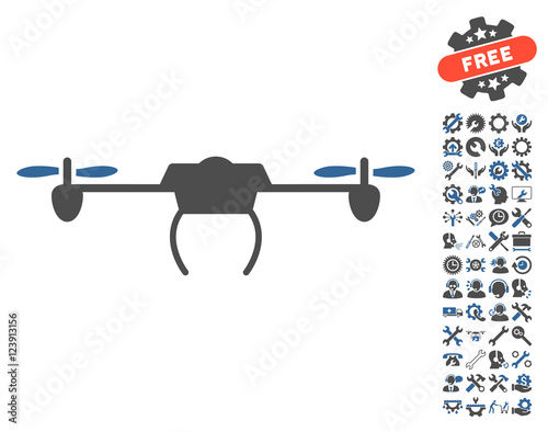Drone icon with bonus service pictograph collection. Vector illustration style is flat iconic symbols, cobalt and gray colors, white background.