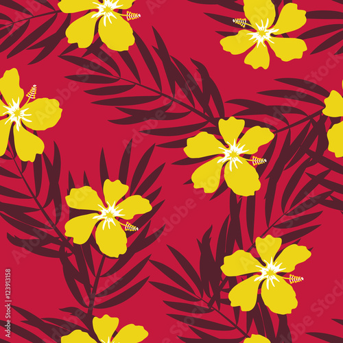 Tropical seamless pattern. Palm trees and hibiscus. Vector