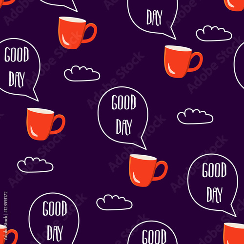 Breakfast seamless pattern. Vector illustration with text clouds and cups of coffee © yanabear