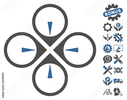 Fly Drone icon with bonus tools pictograms. Vector illustration style is flat iconic symbols, cobalt and gray colors, white background.