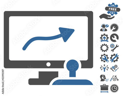 Path Control Monitor icon with bonus options pictograms. Vector illustration style is flat iconic symbols, cobalt and gray colors, white background.