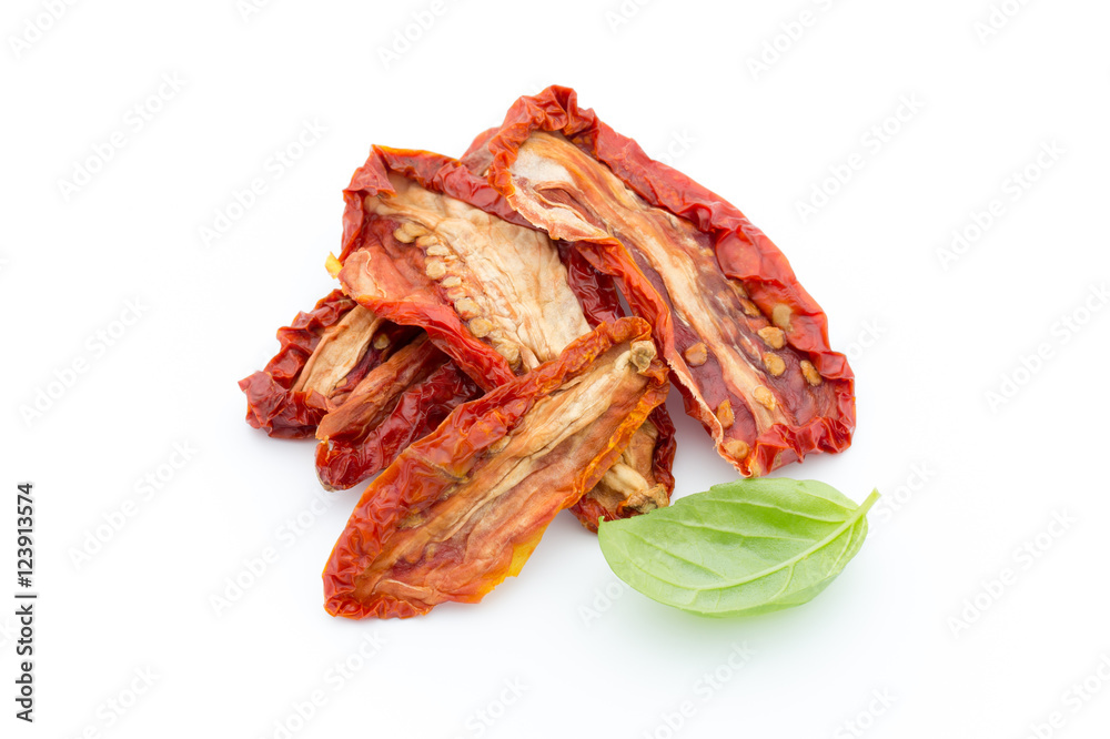 Dried tomatoes isolated on white background.