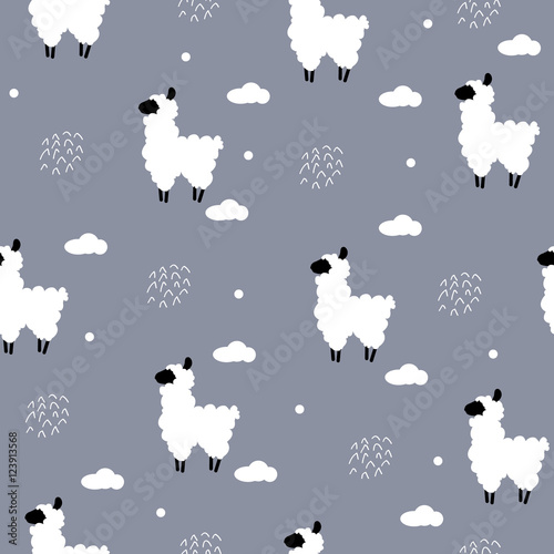 Seamless pattern polka dot with alpaca and clouds. Vector  background
