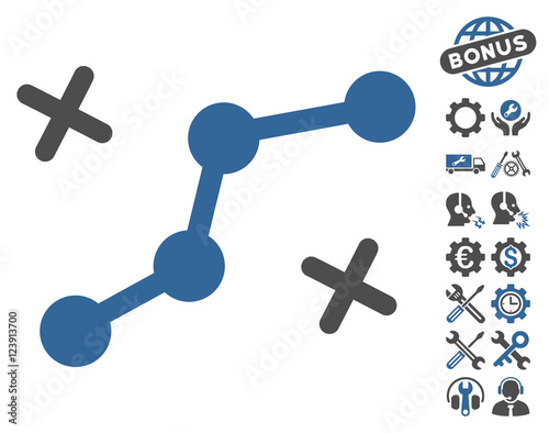 Route Points pictograph with bonus options pictures. Vector illustration style is flat iconic symbols, cobalt and gray colors, white background.