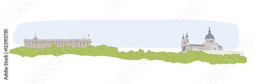 Urban sketch of Spanish Royal Palace and Cathedral of Madrid, Spain