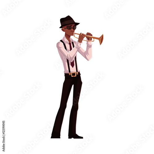 Young African American male trumpet player, cartoon vector illustration isolated on white background. Full height portrait of black man in white shirt, hat and glasses playing trumpet