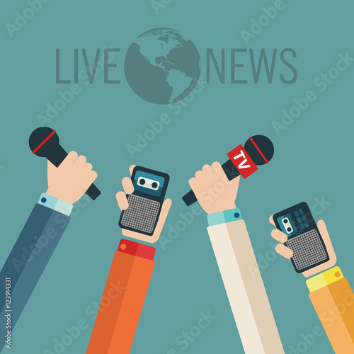 Journalism concept vector illustration in flat style.Vector live report concept, live news, hands of journalists with microphones, camera and tape recorders.