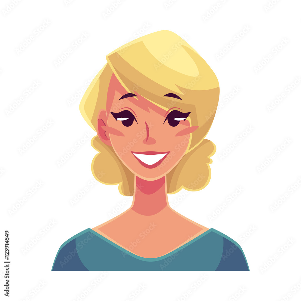 Pretty blond woman, smiling facial expression, cartoon vector illustrations  isolated on white background. Beautiful woman with a wide smile, white  teeth. Happy, glad, smiling face expression Stock Vector | Adobe Stock