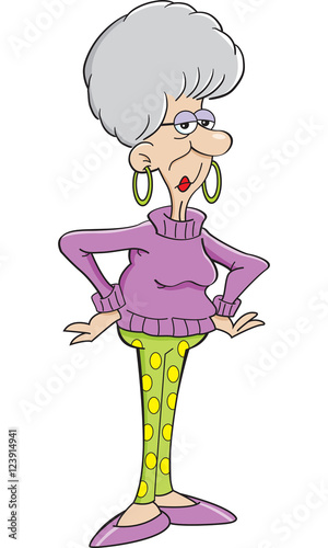 Cartoon illustration of an angry elderly lady.