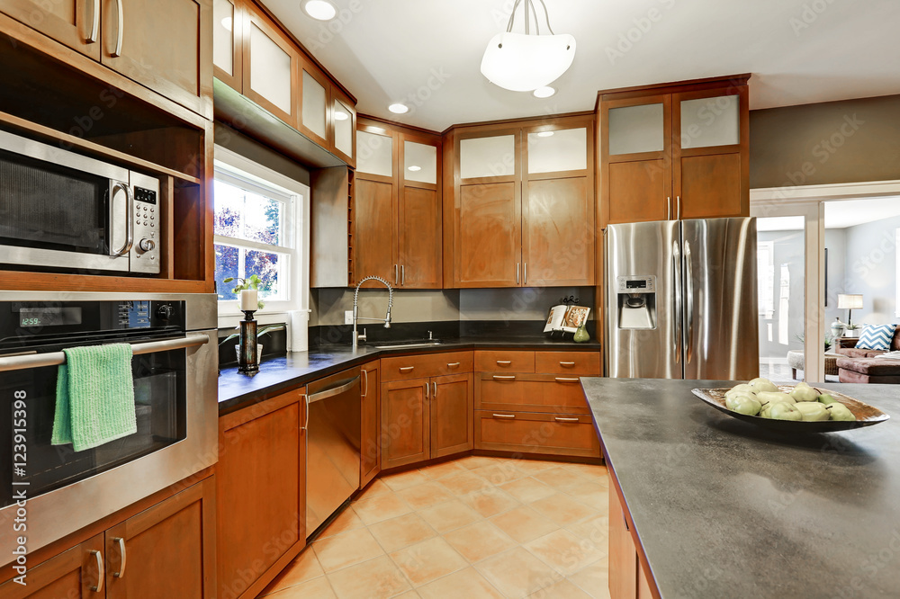 Large kitchen room interior with brown cabinets and steel appliances
