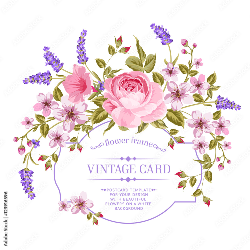Luxurious invitation card of color peony, sacura and lavender flowers. Vintage floral invitation for spring or summer bridal shower. Rectangle card isolated over white background. Vector illustration.