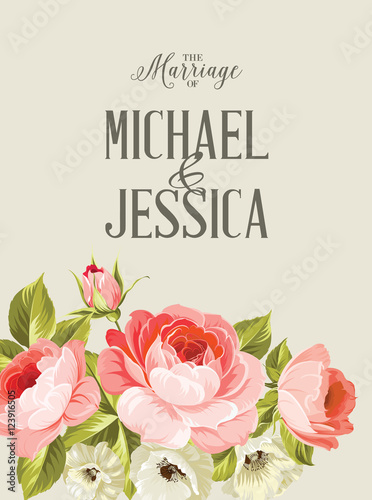The marriage card. Wedding invitation card template. Frame of red flowers in vintage style. Marriage invitation card with custom sign and flower frame over gray background. Vector illustration.