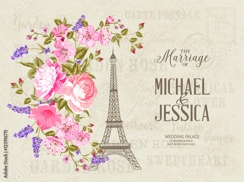 The marriage card. Wedding invitation card template. Eiffel tower simbol with spring blooming flowers over gray text pattern with sign Paris souvenir. Vector illustration.