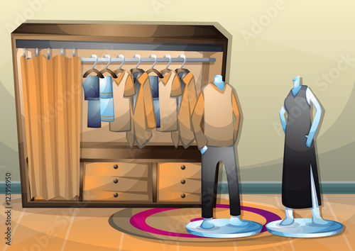 cartoon vector illustration interior clothing room with separated layers in 2d graphic