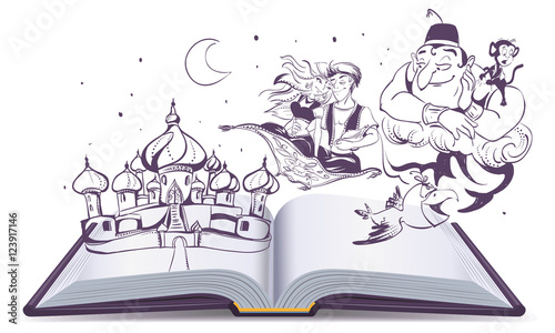 Open book story tale Magic lamp Aladdin. Arab tales Alladin, genie and Princess