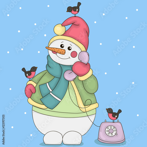 Snowman with bullfinches talking on a vintage telephone. Vector illustration, isolated object ,white background.