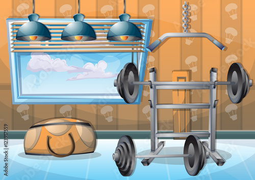 cartoon vector illustration interior fitness room with separated layers in 2d graphic