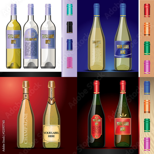 Vector wine bottles mockup with your label here text. Blue, red and white bottle, yellow and red wine. Red, orange, green and pink caps