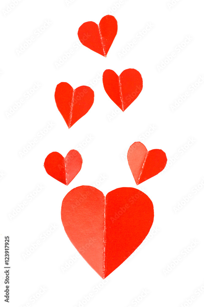 Red, paper hearts. On white, isolated background.Top view. Flat lay.