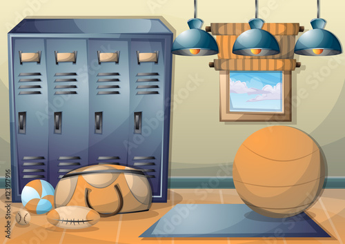 cartoon vector illustration interior fitness room with separated layers in 2d graphic