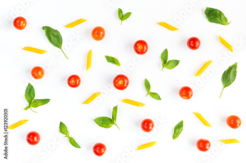 Italian food pattern with red tomatoes, pasta, basil leafs, isolated on white background