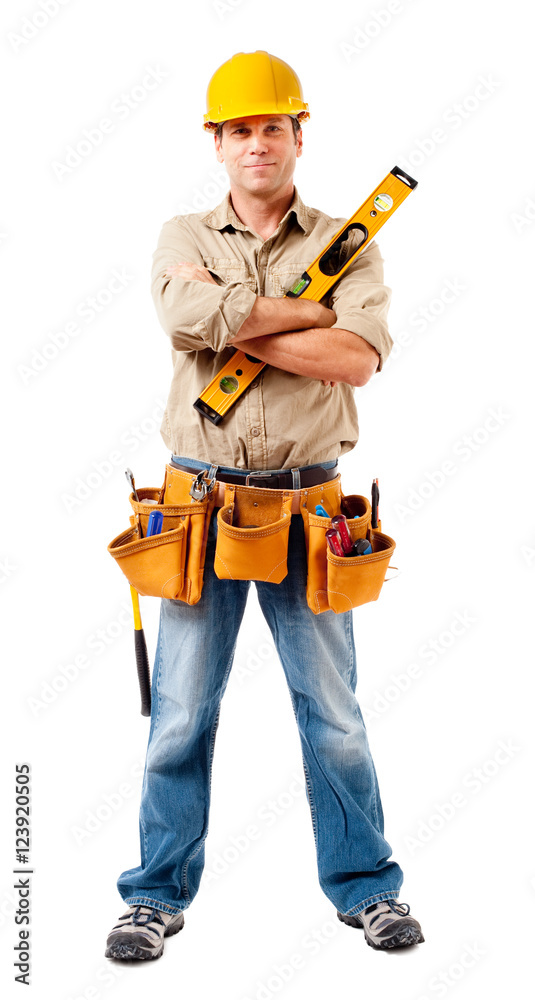Full-length construction worker contractor carpenter isolated on white background Full-length construction worker contractor carpenter isolated on white background