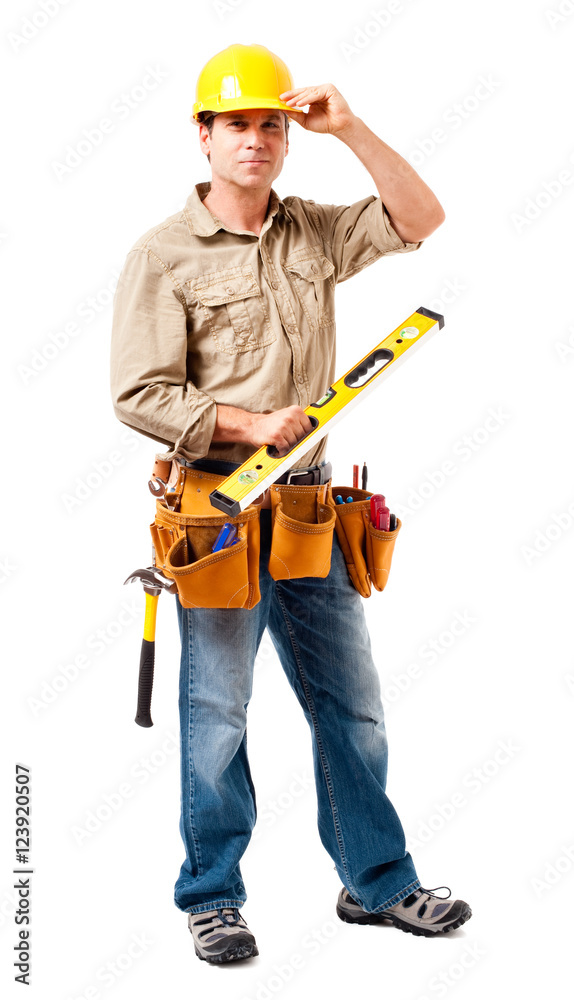 Full-length construction worker contractor carpenter isolated on white background Full-length construction worker contractor carpenter isolated on white background