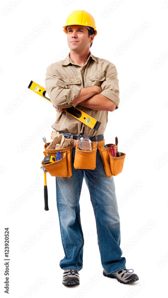 Full-length construction worker contractor carpenter handyman isolated on white background for use alone or as a design element