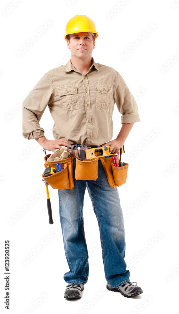 Full-length construction worker contractor carpenter isolated on white background Full-length construction worker contractor carpenter isolated on white background