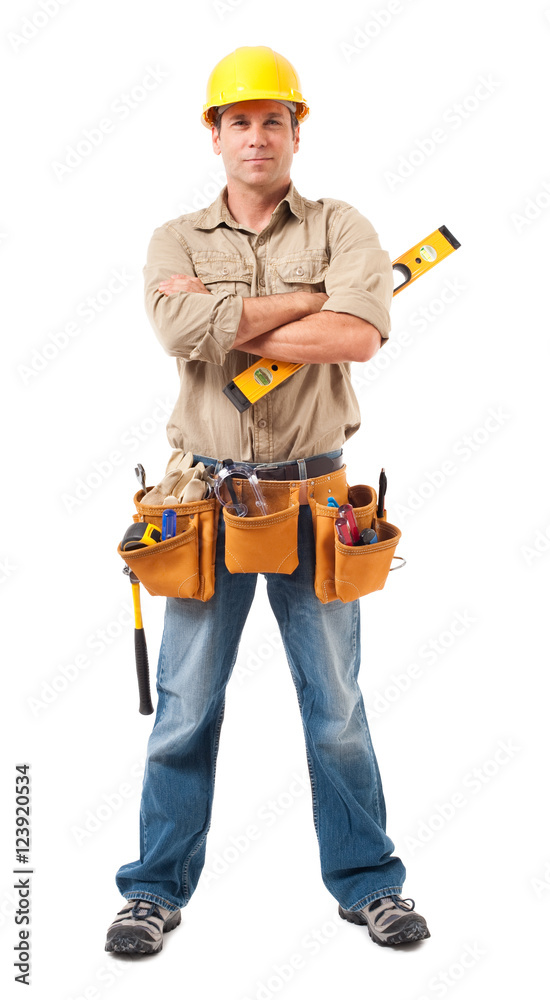 Full-length construction worker contractor carpenter isolated on white background Full-length construction worker contractor carpenter isolated on white background