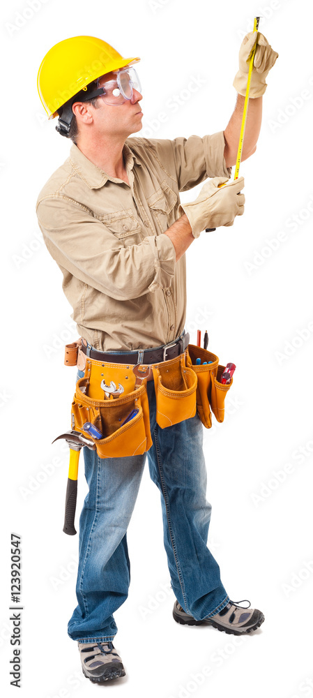 Full-length construction worker contractor carpenter isolated on white background