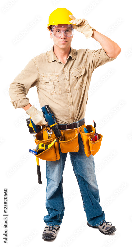 Full-length construction worker contractor carpenter isolated on white background Full-length construction worker contractor carpenter isolated on white background