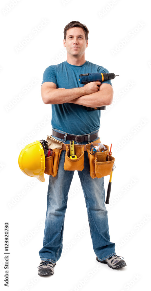 Full-length construction worker contractor carpenter with tool belt and  power tool isolated on white background Stock Photo | Adobe Stock
