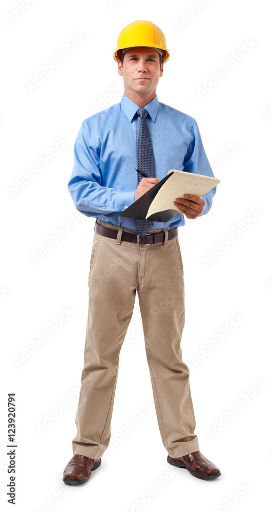Full-length construction building contractor architect engineer businessman in shirt tie and hard hat with clipboard isolated on white background